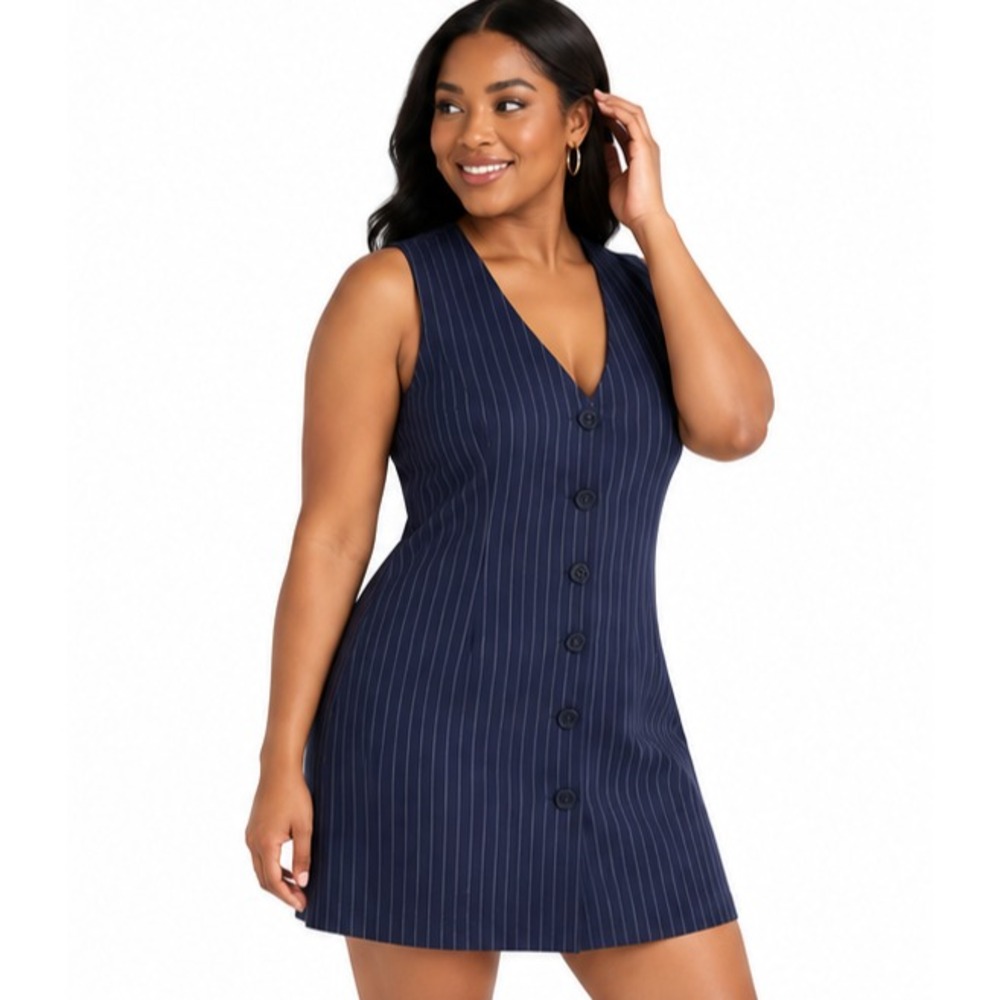 Steve Madden Womens Dress Size L Navy Pinstripe Sleeveless Button Front Career